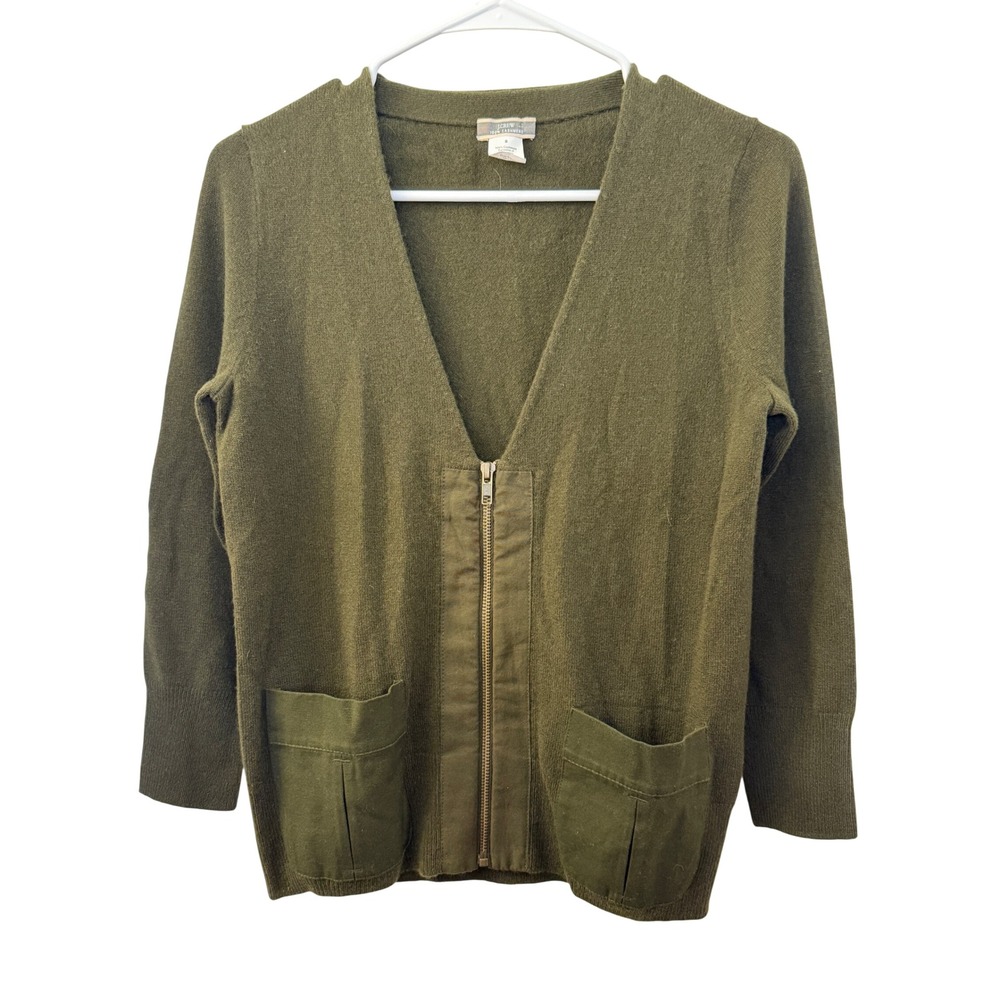 J. Crew Women Olive Green 100% Cashmere Full Zip V-Neck Cardigan Sweater Small